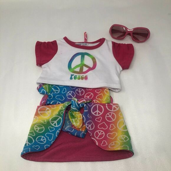 Build A Bear Rainbow Peace Sign Bathing Swimsuit Wrap & Top BABW SunGlasses 4-pc - Picture 2 of 12